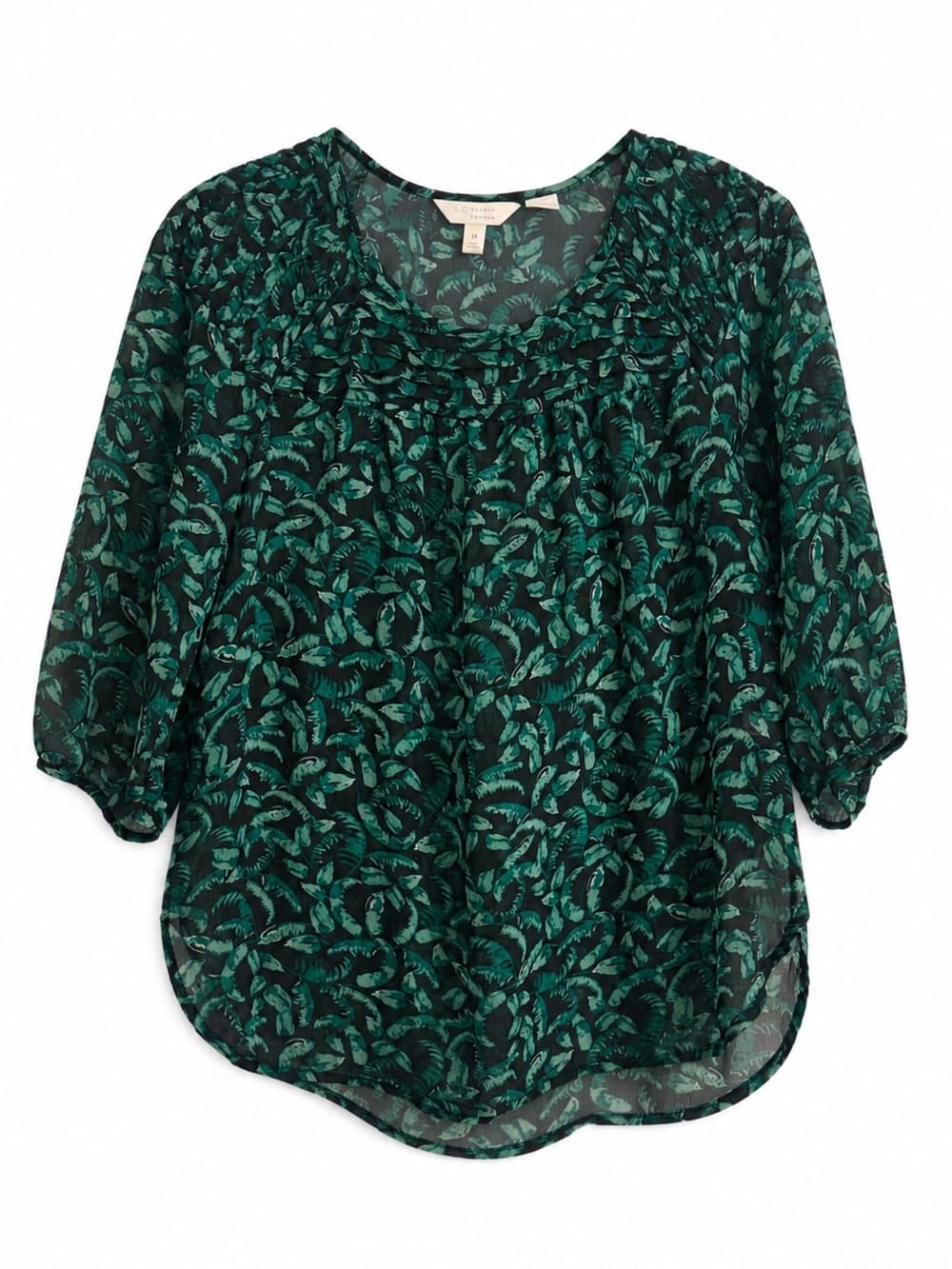 LC Lauren Conrad Teal Black Leaf Print Flutter Sleeve Blouse M Chiffon Flowy - Thumbnail 9