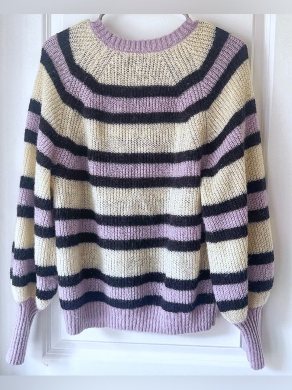 Who What Wear Women's Purple Cream Black Striped Crewneck Knit Sweater Medium - Thumbnail 2