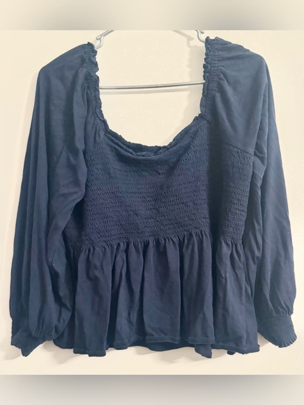 Nautica Women's Navy Smocked Square Neck Puff Sleeve Peplum Blouse Size XXL - Thumbnail 2