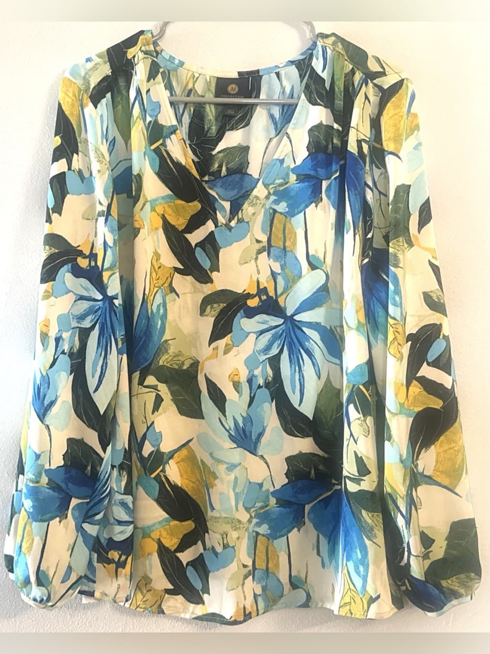 JM Collection Blue Yellow Floral Sheer Long Sleeve Blouse L Summer Boho