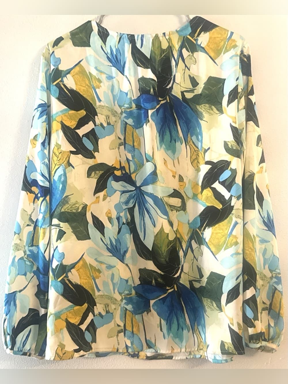 JM Collection Blue Yellow Floral Sheer Long Sleeve Blouse L Summer Boho - Thumbnail 2