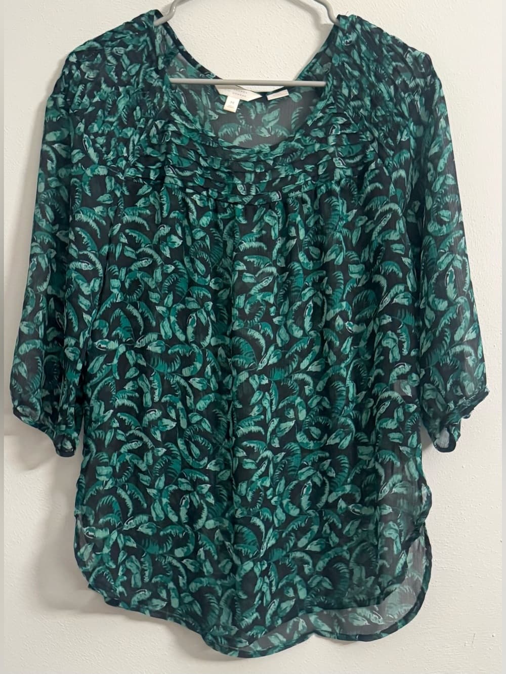 LC Lauren Conrad Teal Black Leaf Print Flutter Sleeve Blouse M Chiffon Flowy