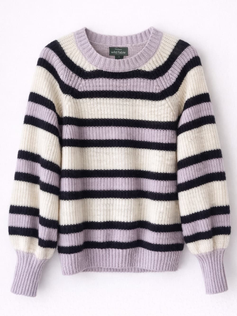 Who What Wear Women's Purple Cream Black Striped Crewneck Knit Sweater Medium - Thumbnail 6