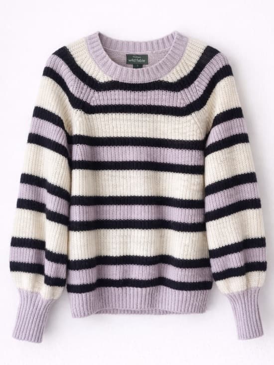 Who What Wear Women's Purple Cream Black Striped Crewneck Knit Sweater Medium - Thumbnail 7