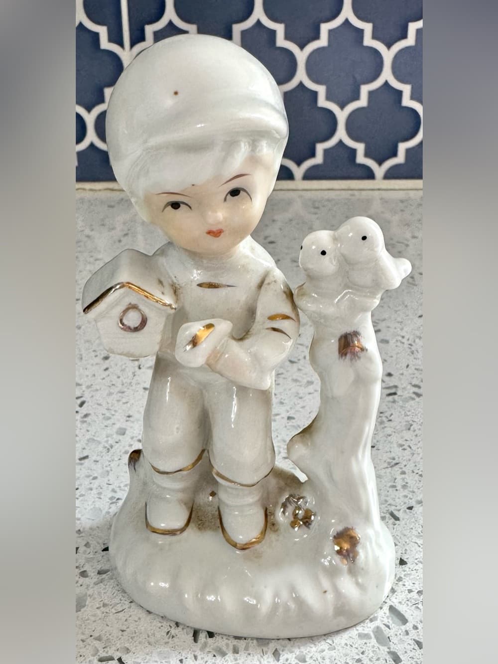 Vintage White Porcelain Boy With Birds Figurine Collectible Home Decor