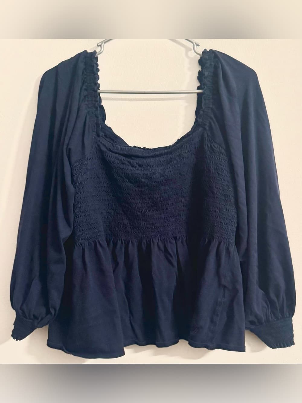 Nautica Women's Navy Smocked Square Neck Puff Sleeve Peplum Blouse Size XXL