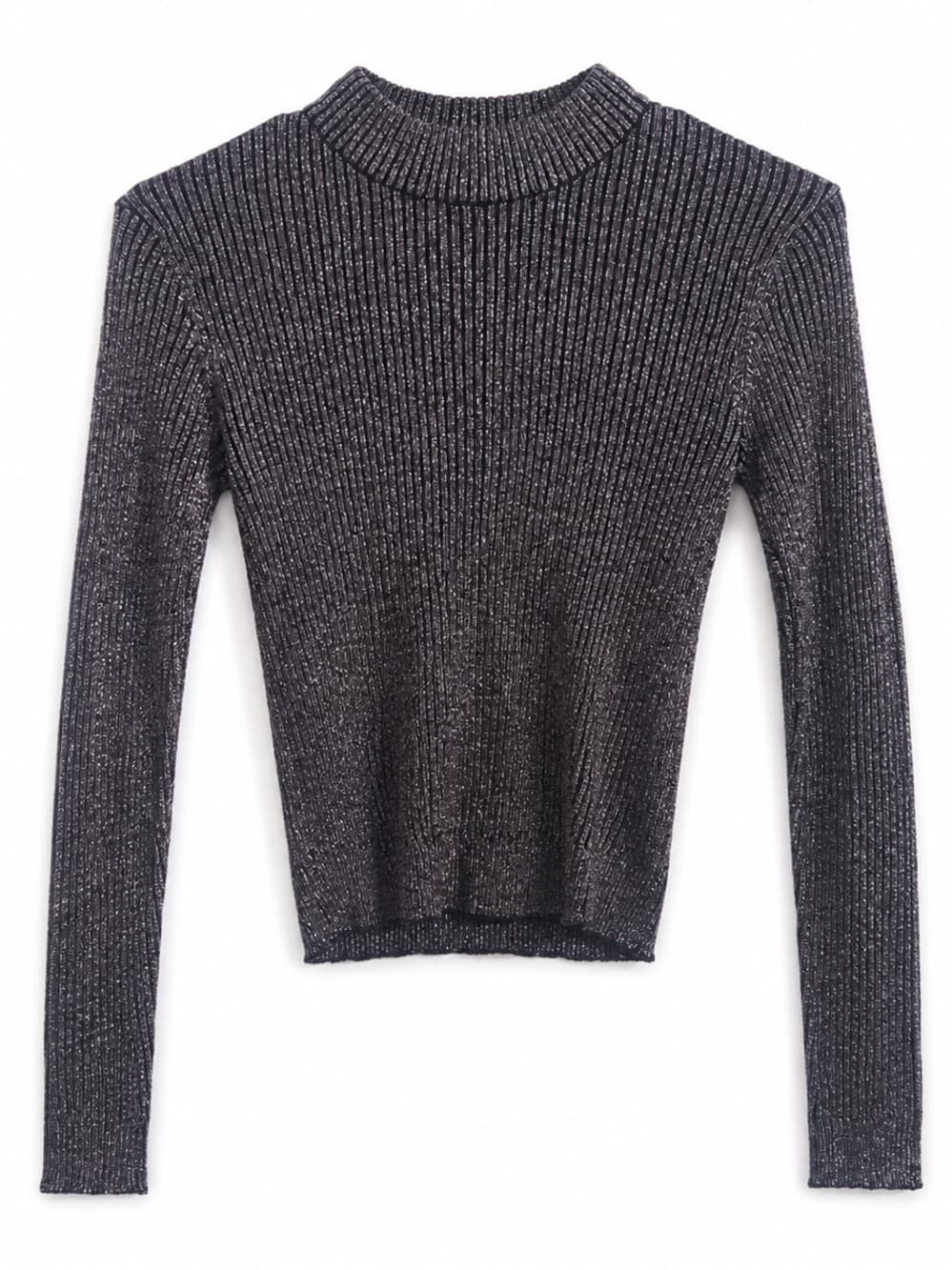 H&M Divided Black Metallic Ribbed Mock Neck Crop Top S - Thumbnail 7