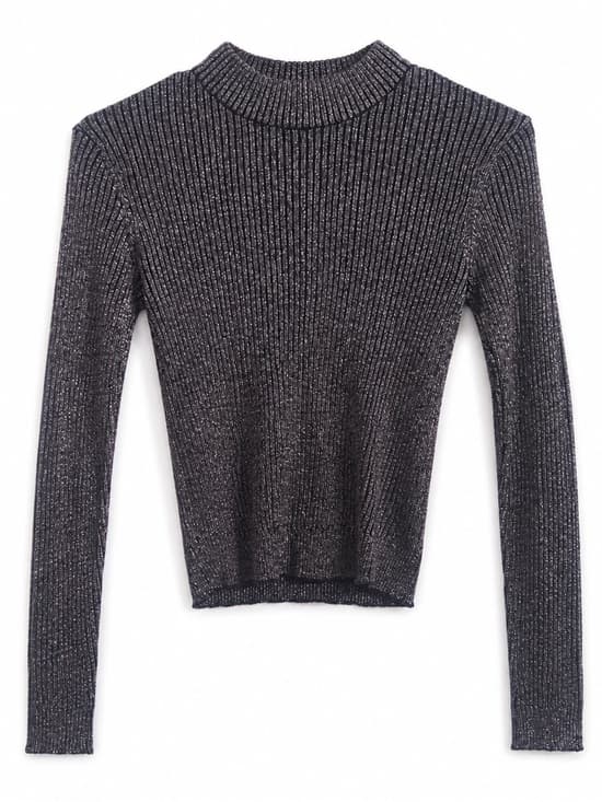 H&M Divided Black Metallic Ribbed Mock Neck Crop Top S - Thumbnail 8
