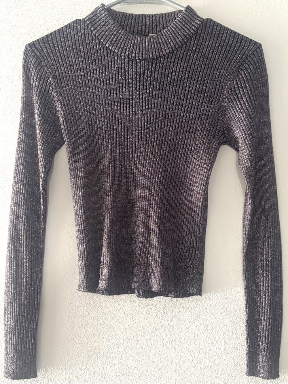 H&M Divided Black Metallic Ribbed Mock Neck Crop Top S