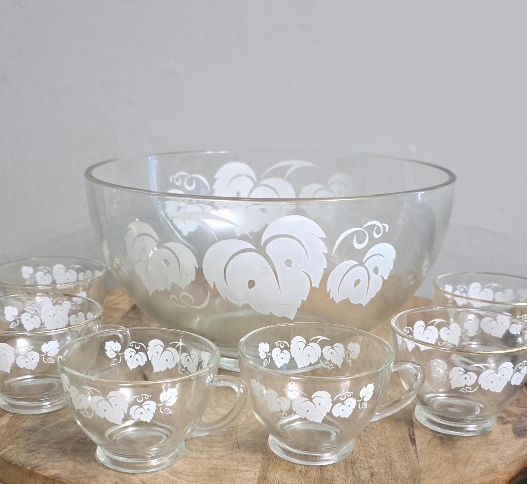 Vintage Anchor Hocking White Leaf Punch Bowl Set