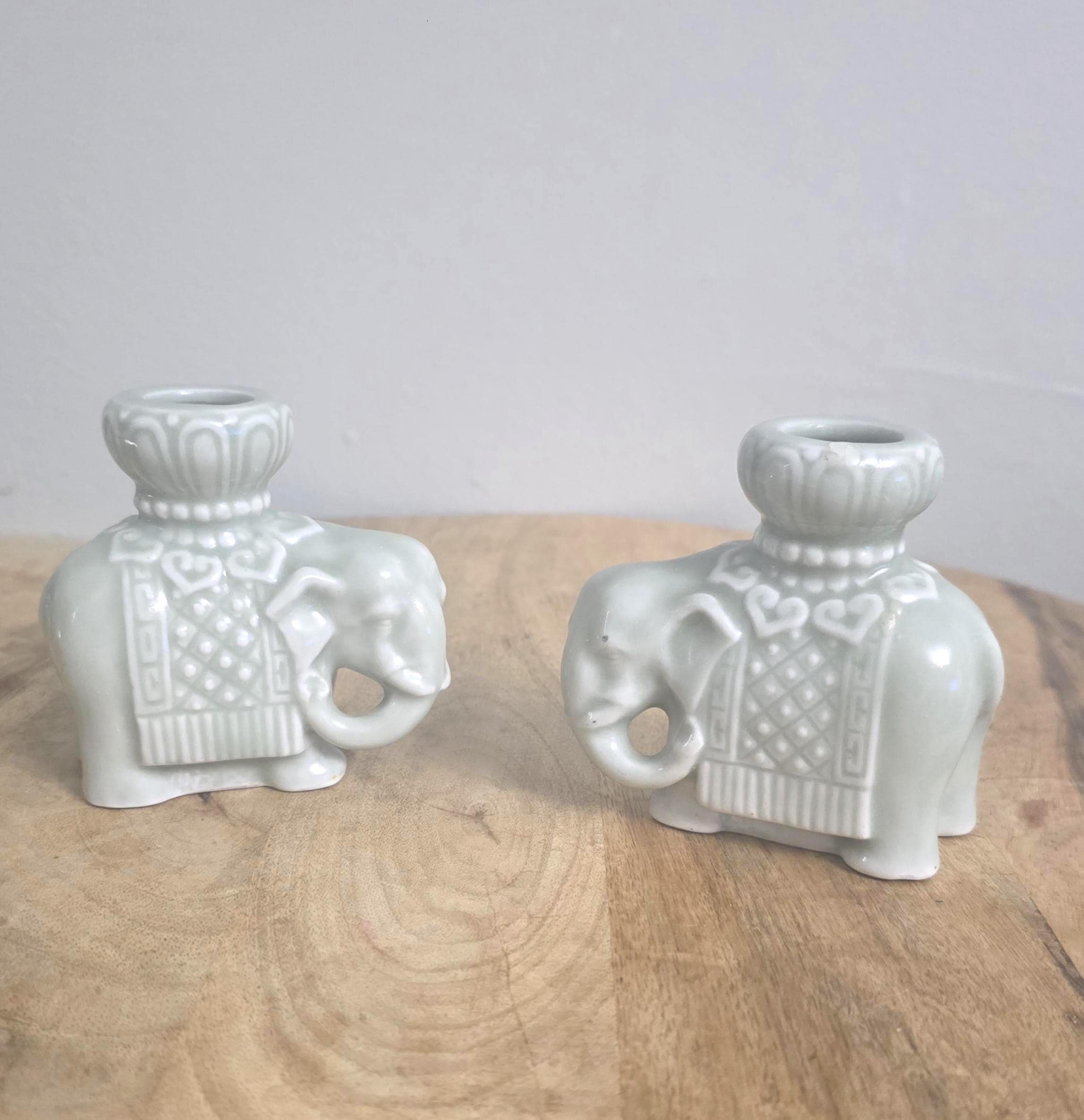 Vintage Chinese Celadon Elephant Candleholders