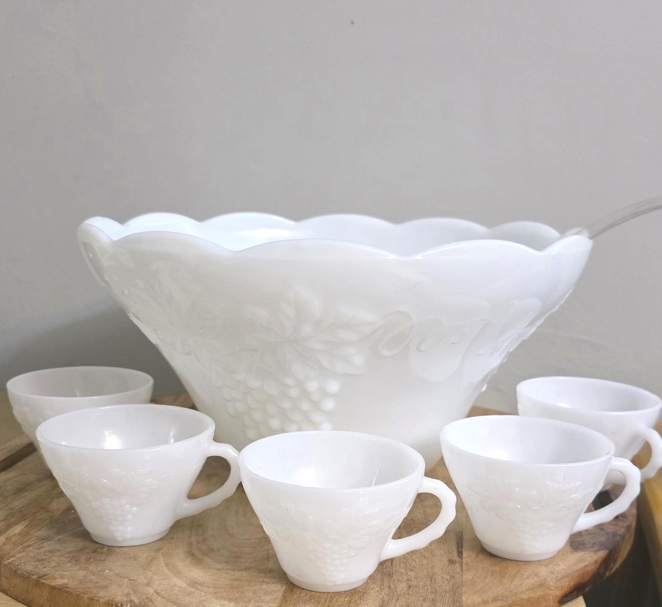 Vintage Milk Glass Grape Pattern Punch Bowl