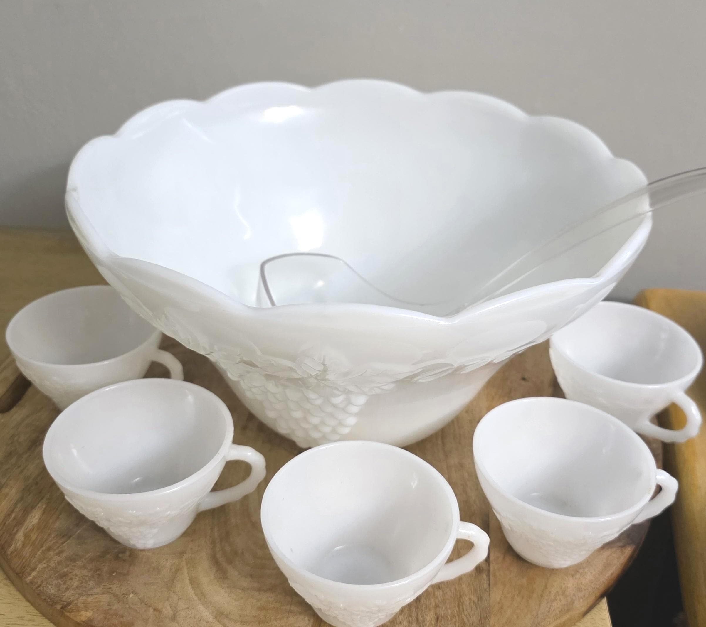 Vintage Milk Glass Grape Pattern Punch Bowl - Thumbnail 2