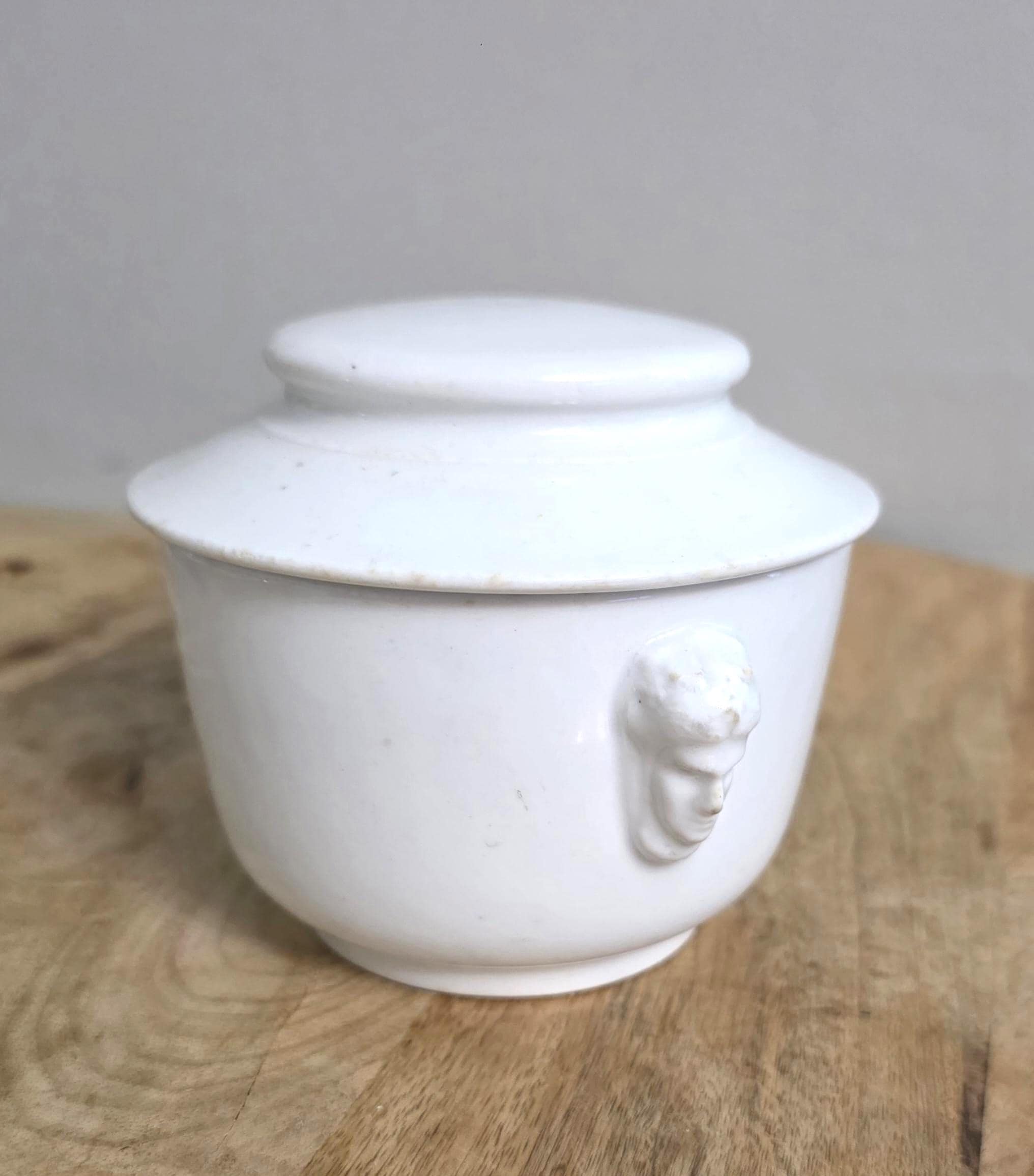 Antique Stoneware Restaurant Ware Face Handle Farmhouse Kitchen Sugar Bowl