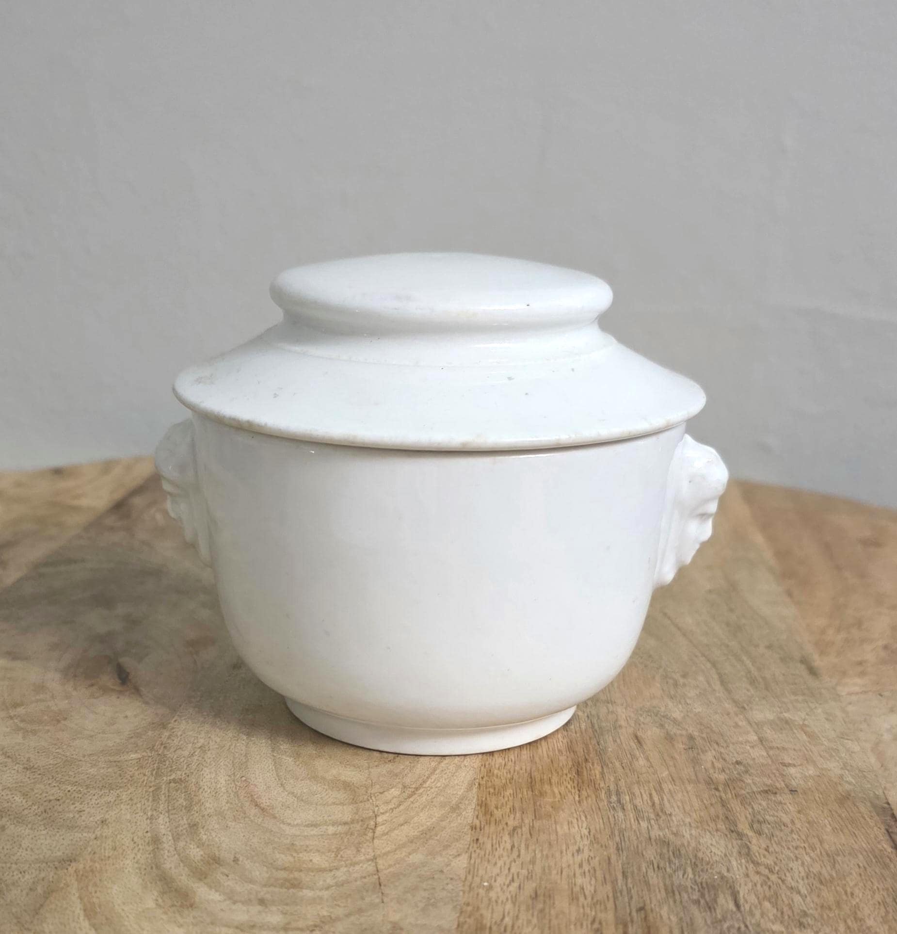 Antique Stoneware Restaurant Ware Face Handle Farmhouse Kitchen Sugar Bowl - Thumbnail 2