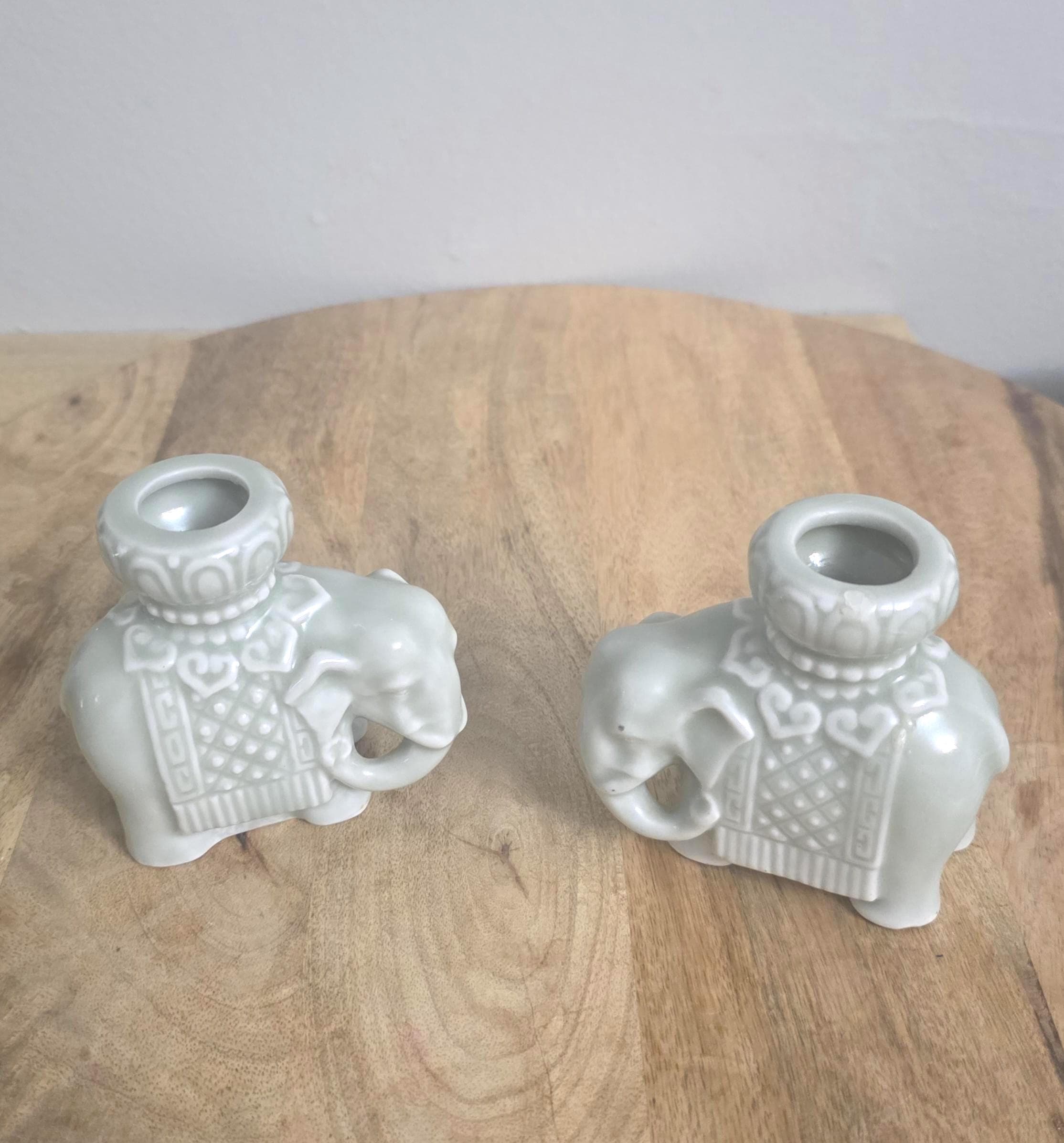 Vintage Chinese Celadon Elephant Candleholders - Thumbnail 2