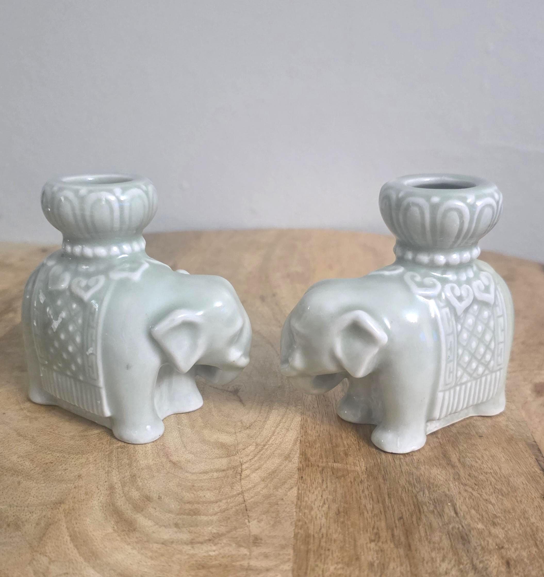 Vintage Chinese Celadon Elephant Candleholders - Thumbnail 3