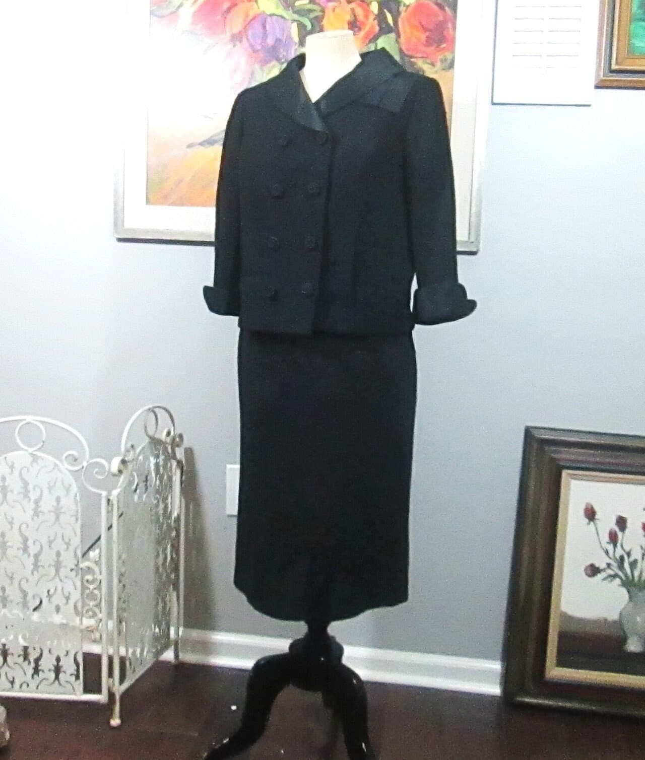 Vintage 1950's Black Boucle Wool Dress Suit