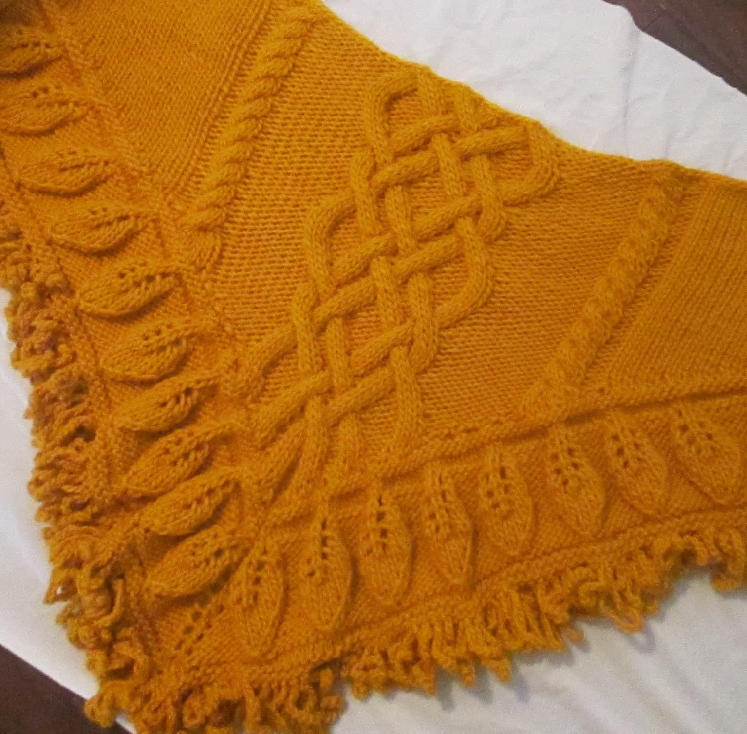 Handmade Knit Celtic Knot Gold Mustard Wool Shawl