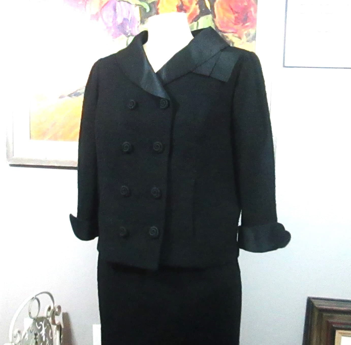 Vintage 1950's Black Boucle Wool Dress Suit - Thumbnail 2