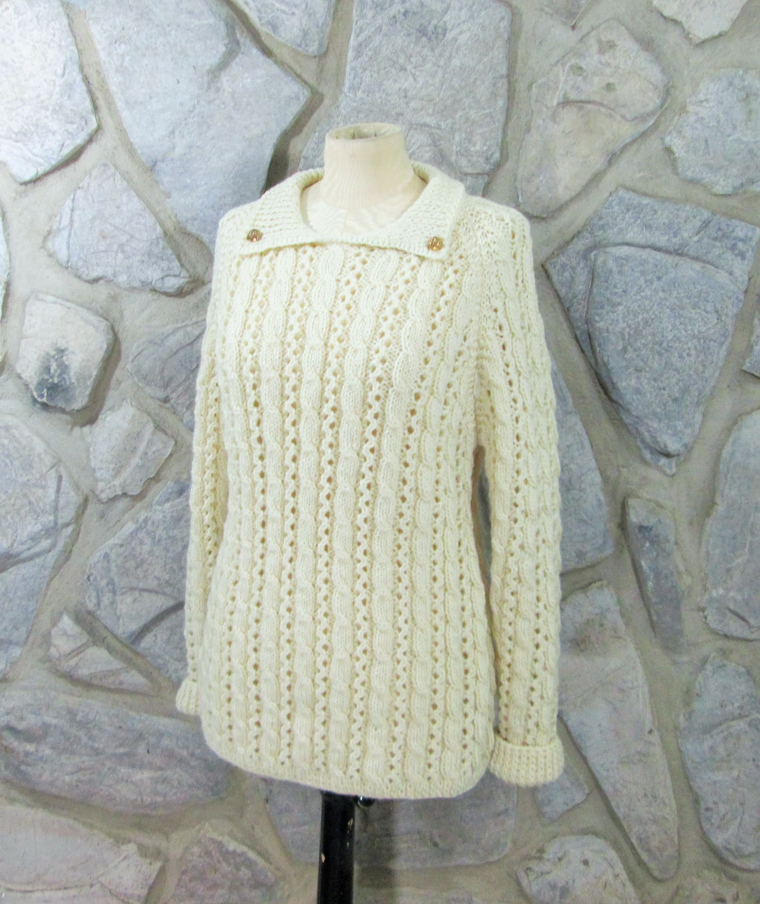 Handmade Cables & Lace Cream Wool Sweater w/Vintage Button Details