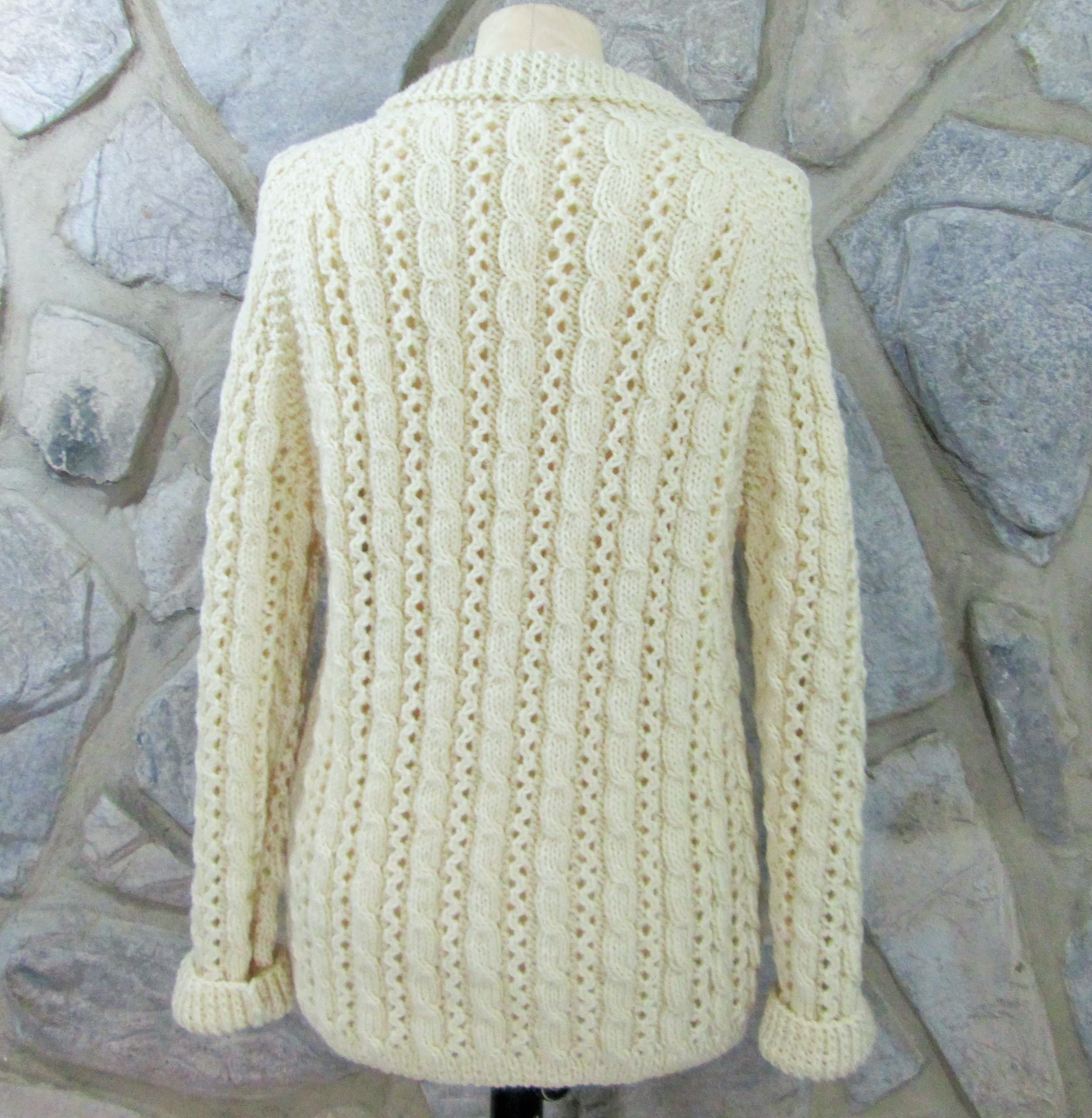 Handmade Cables & Lace Cream Wool Sweater w/Vintage Button Details - Thumbnail 4