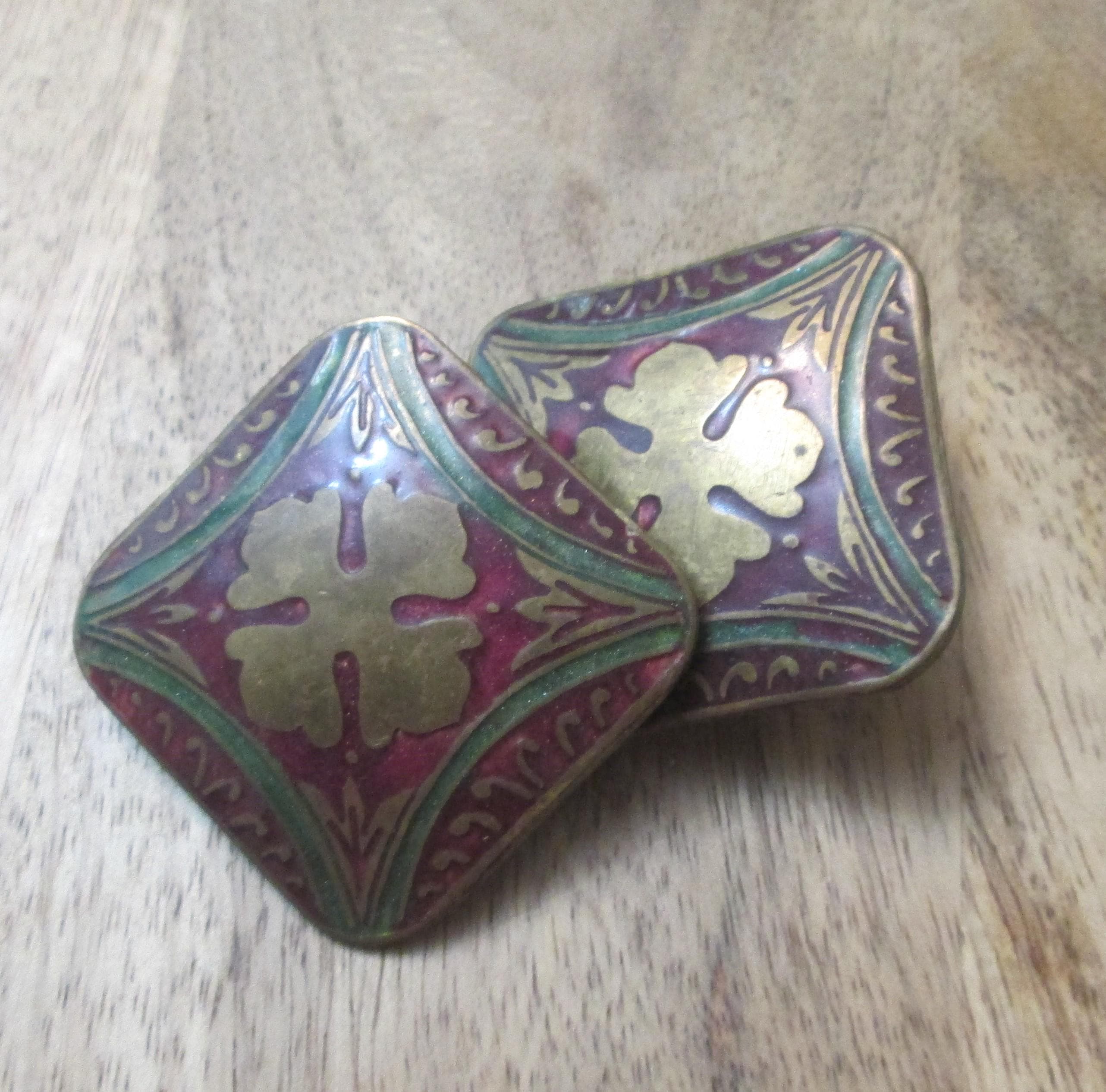 Vintage Brass and Enamel Clip-On Earrings