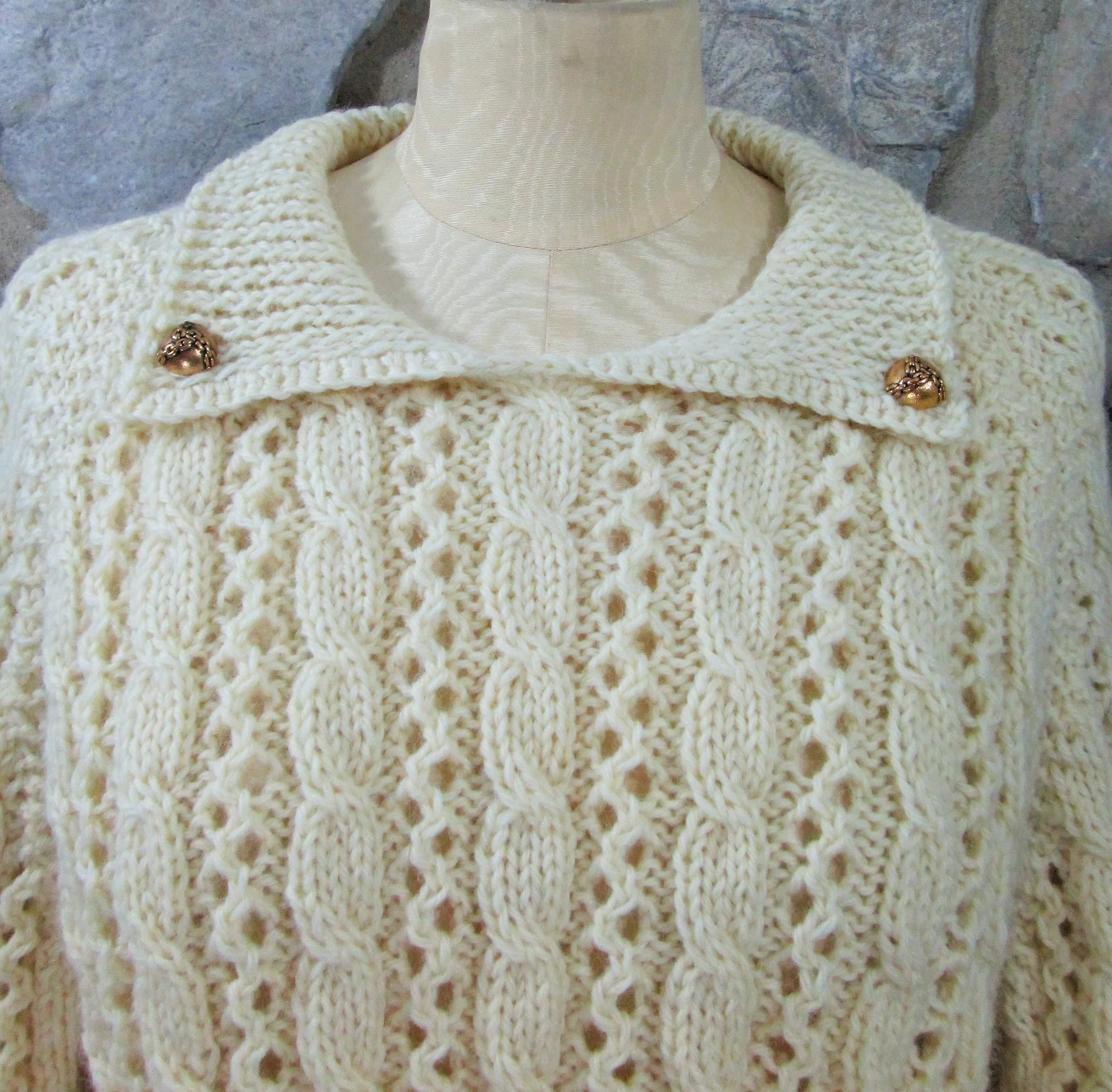 Handmade Cables & Lace Cream Wool Sweater w/Vintage Button Details - Thumbnail 2