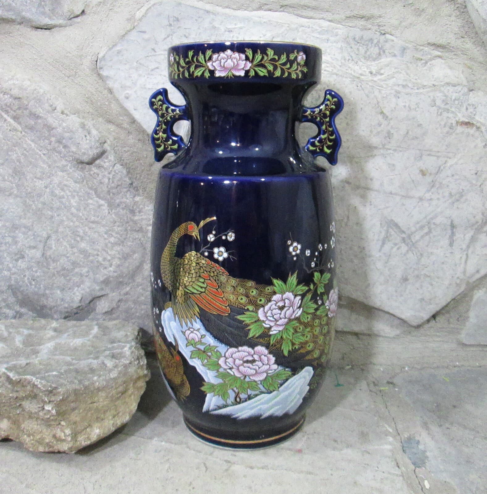 Vintage Japanese Kutani Showa Period Cobalt Blue Pheasant Vase