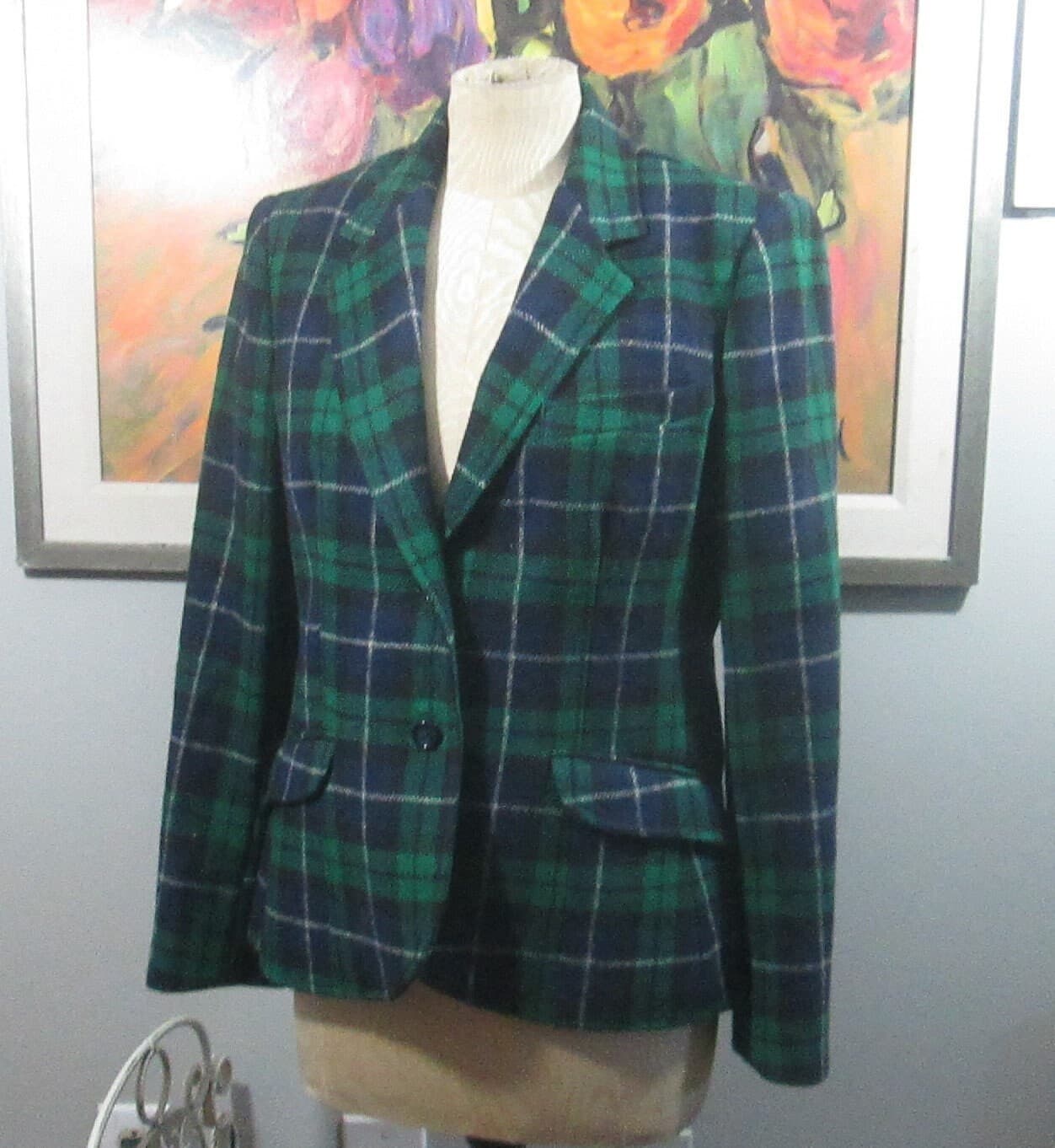 Vintage The Villager Green Plaid Wool Blazer