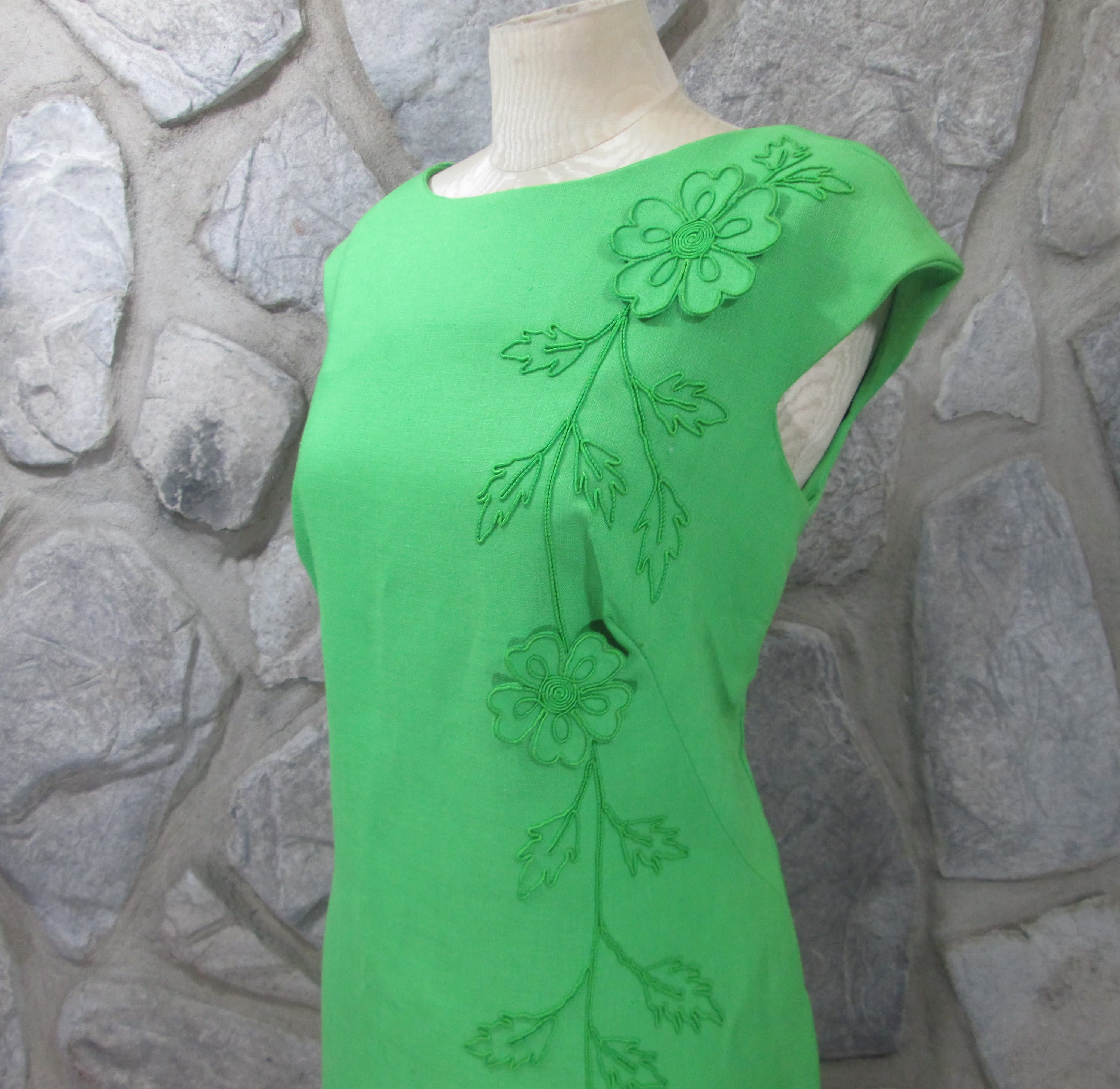 Vintage 50's Parues Feinstein Green FLoral Accent Sheath Dress - Thumbnail 2