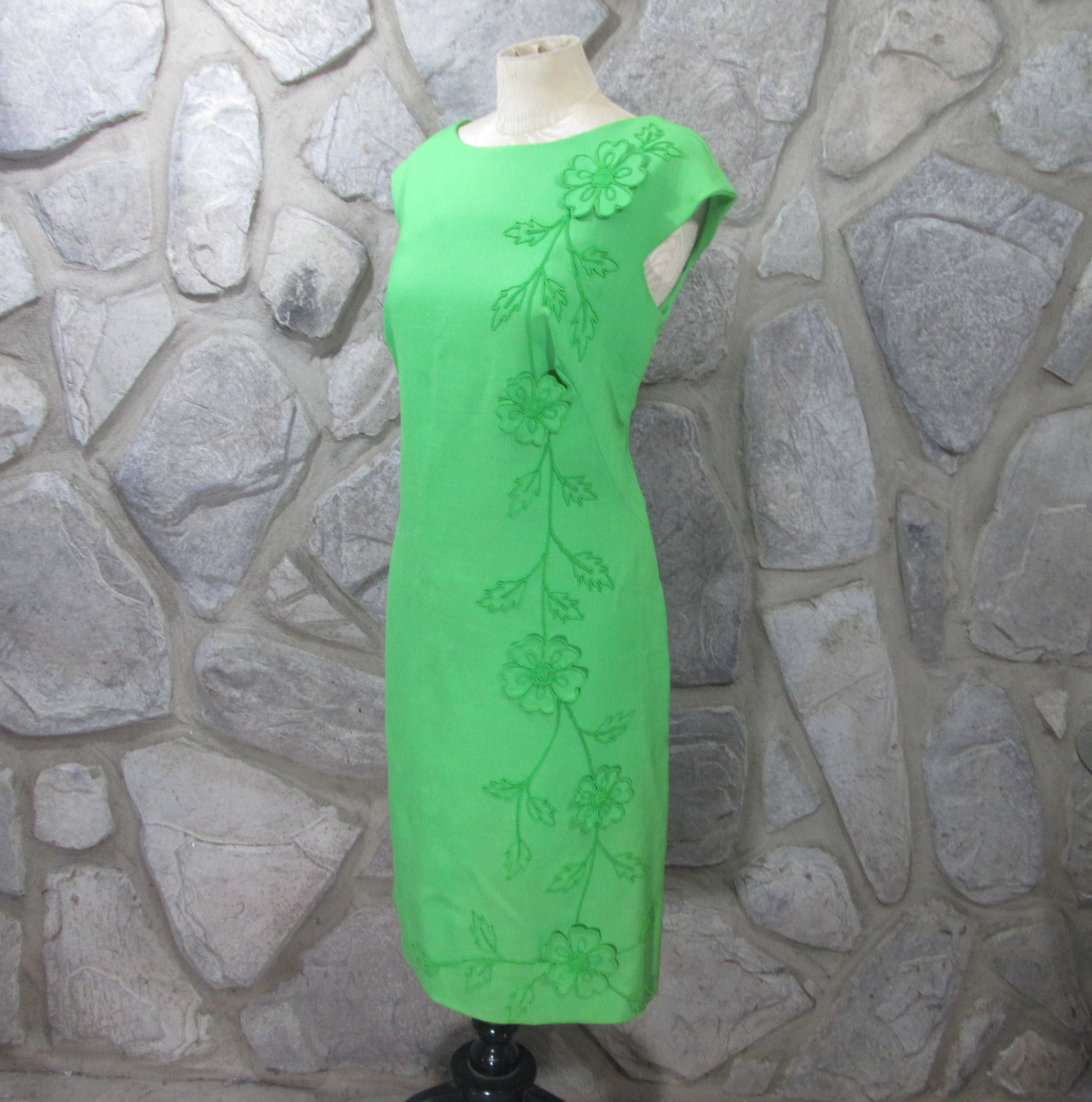 Vintage 50's Parues Feinstein Green FLoral Accent Sheath Dress