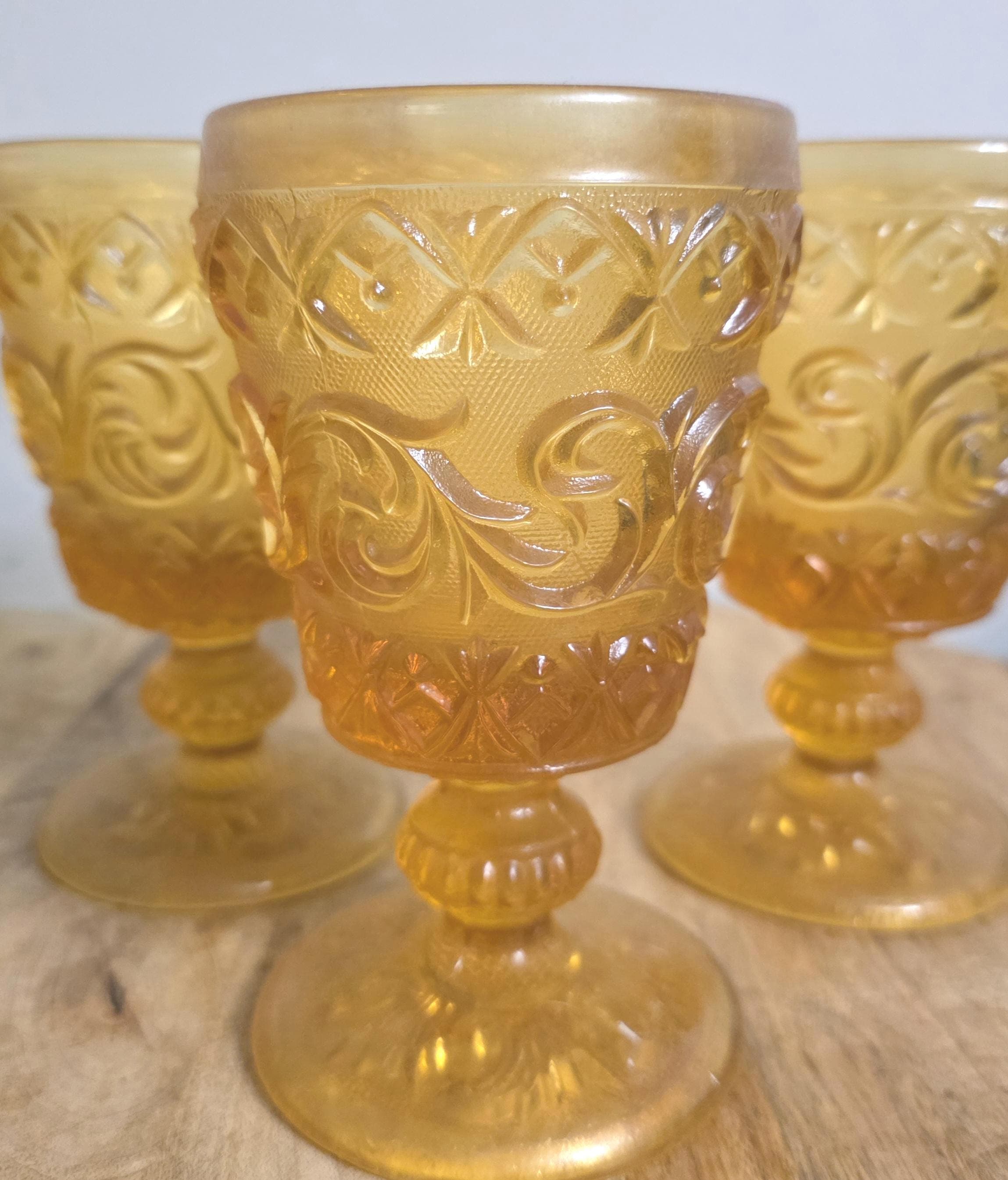 Vintage Amber Gold Scroll Glass Goblets - Thumbnail 2