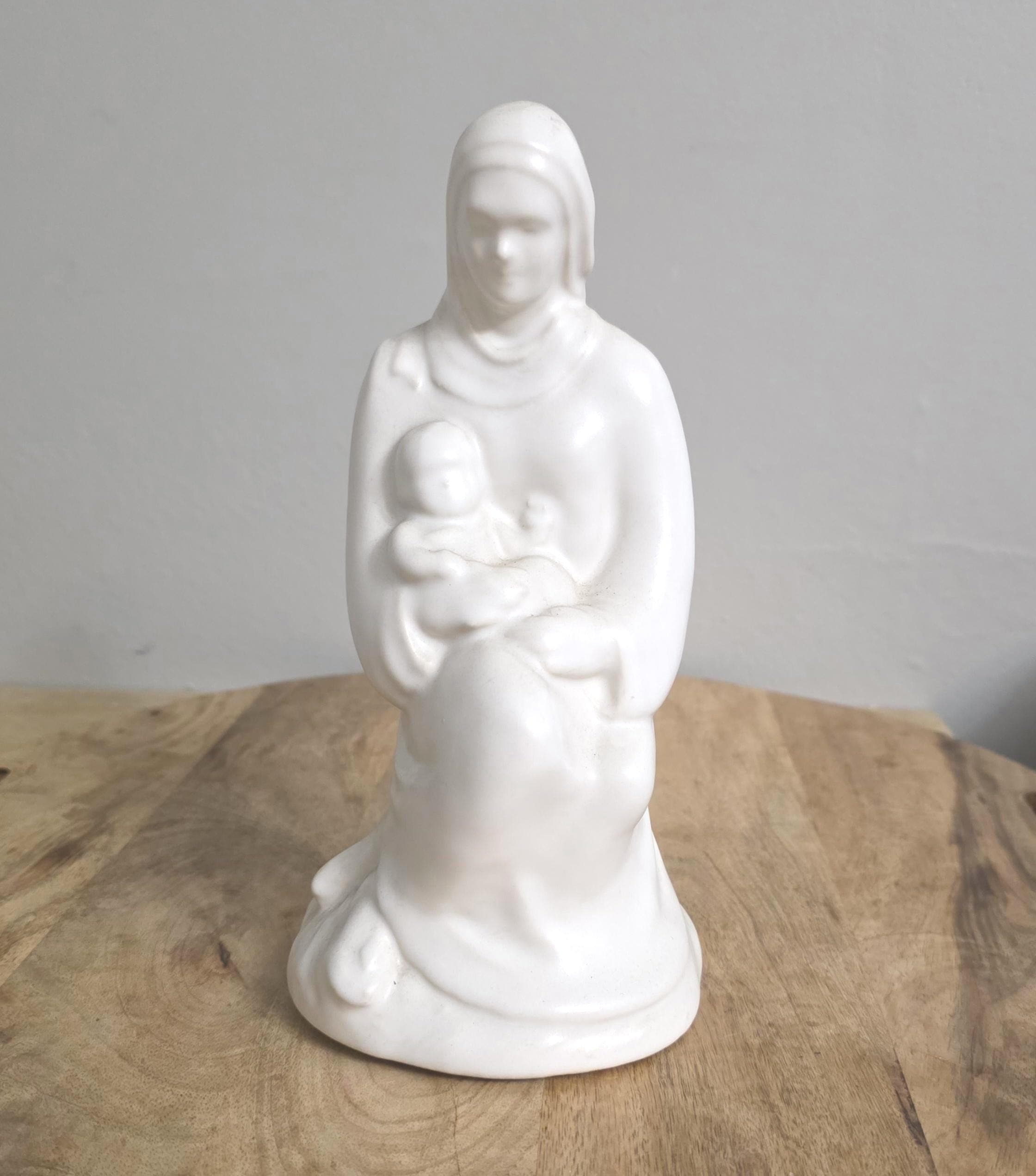 Vintage Mother and Child White Matte Pottery Statue