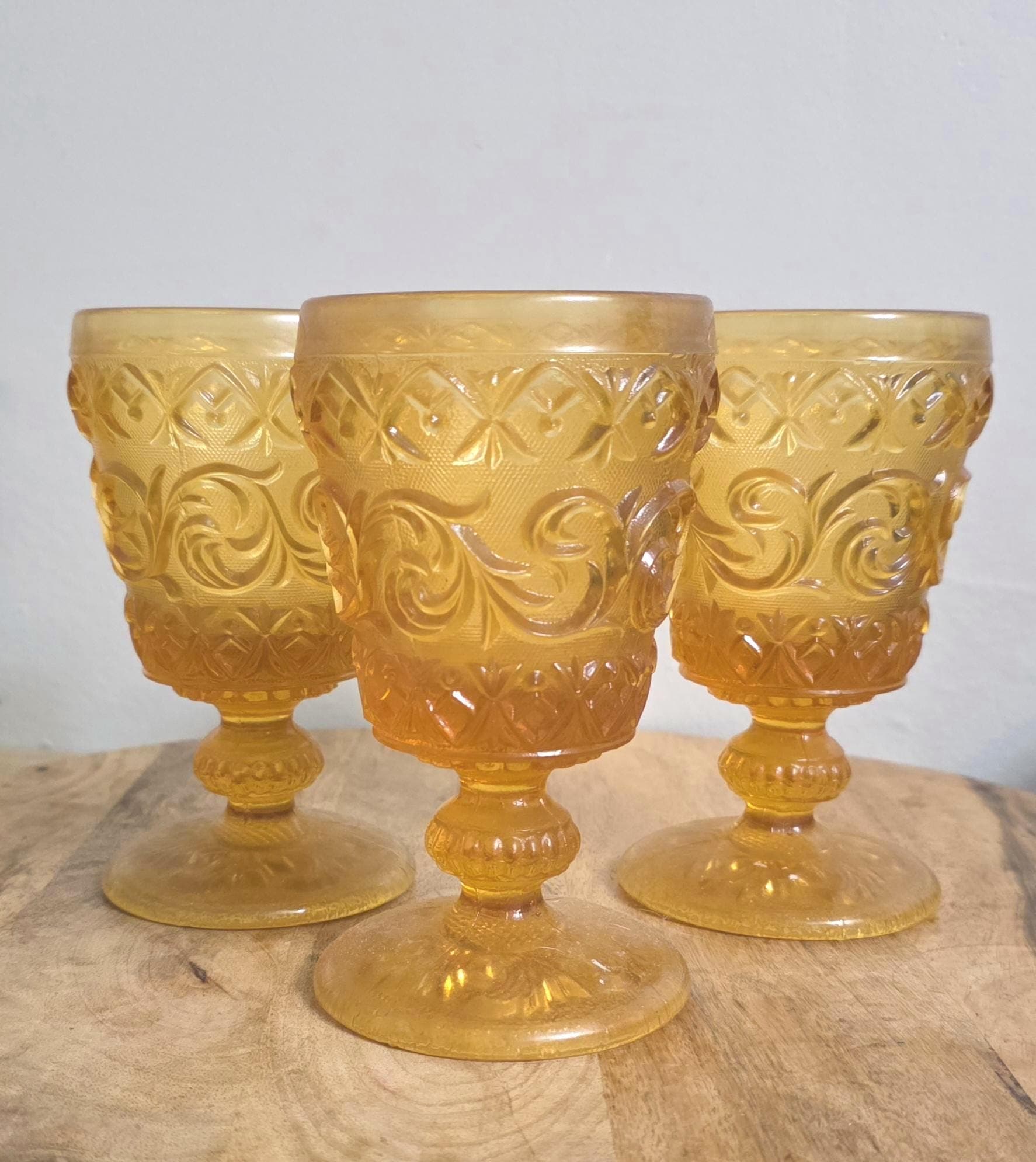 Vintage Amber Gold Scroll Glass Goblets