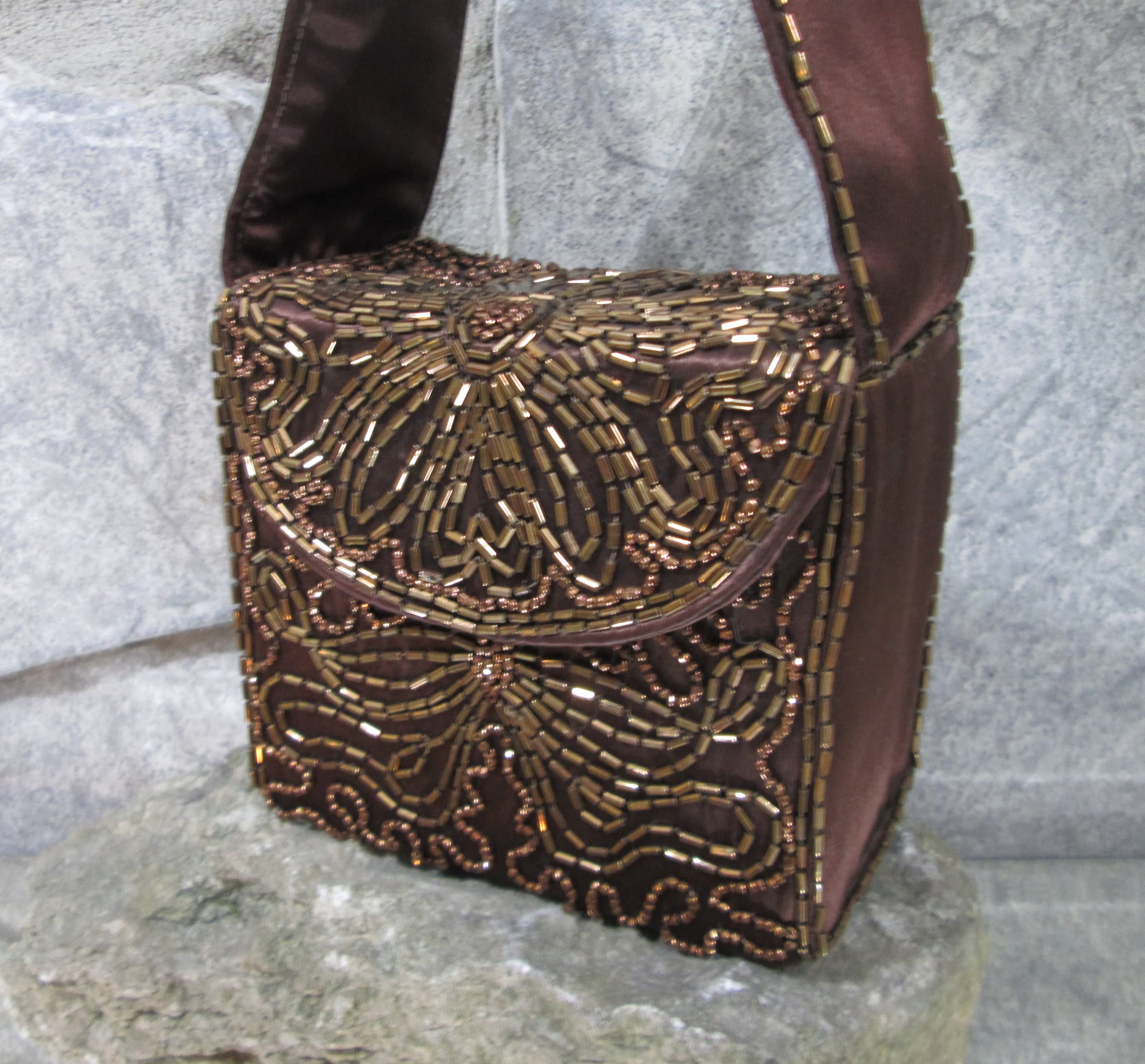 Vintage 1940's Brown Satin Beaded Evening Bag