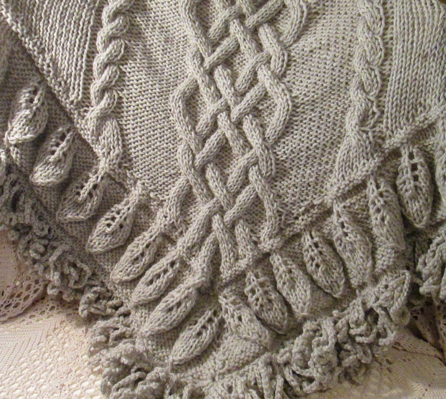 Handmade Oatmeal Fisherman's Wool Celtic Knot Knit Triangle Shawl Leaf Design Border,Looped Fringe - Thumbnail 3