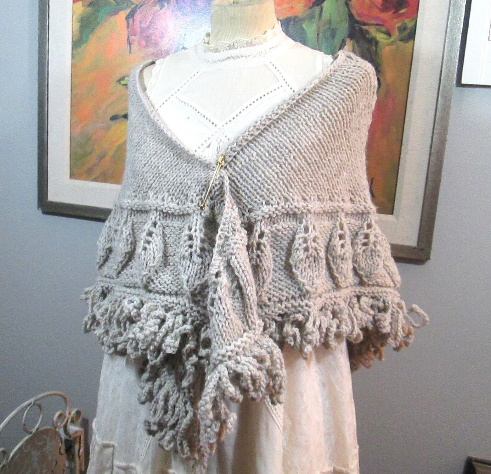 Handmade Oatmeal Fisherman's Wool Celtic Knot Knit Triangle Shawl Leaf Design Border,Looped Fringe - Thumbnail 2