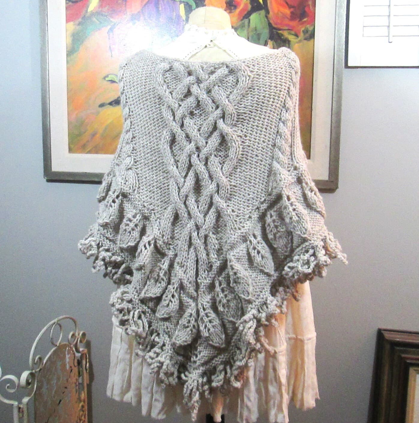 Handmade Oatmeal Fisherman's Wool Celtic Knot Knit Triangle Shawl Leaf Design Border,Looped Fringe