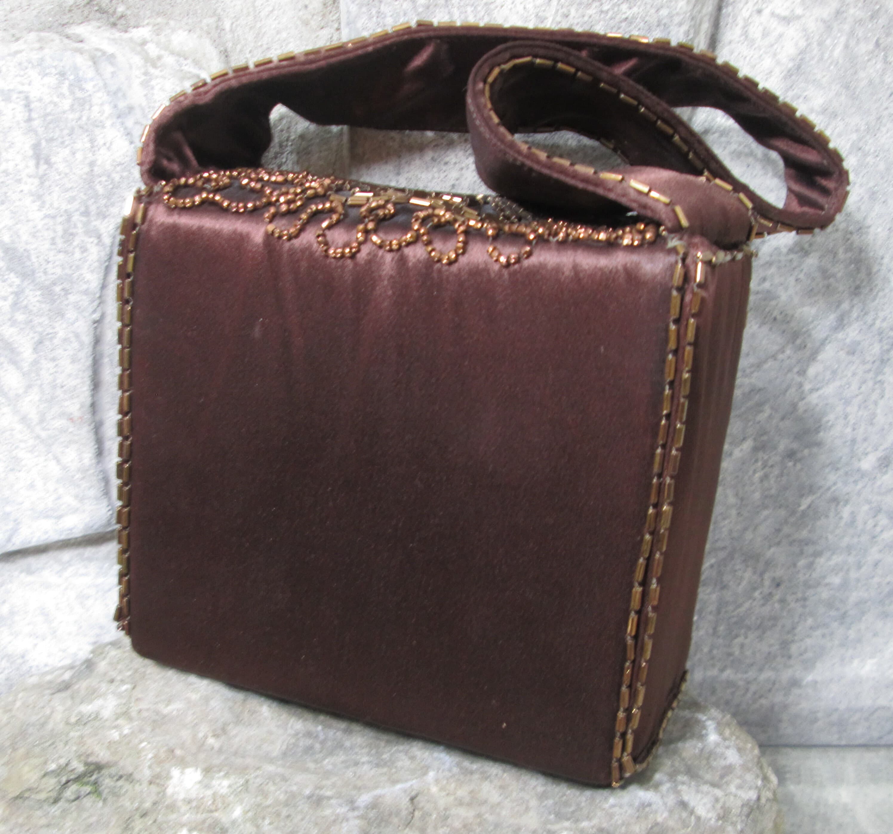 Vintage 1940's Brown Satin Beaded Evening Bag - Thumbnail 2
