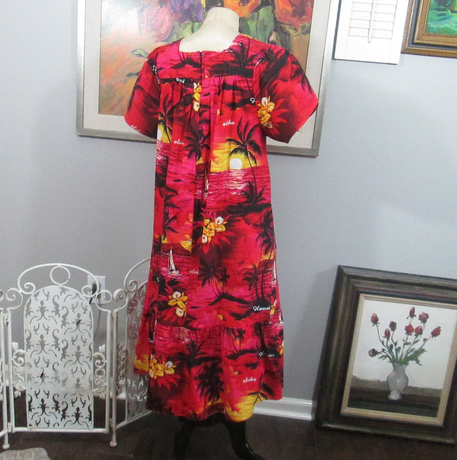 Vintage Red Floral Hawaiian Dress - Thumbnail 2