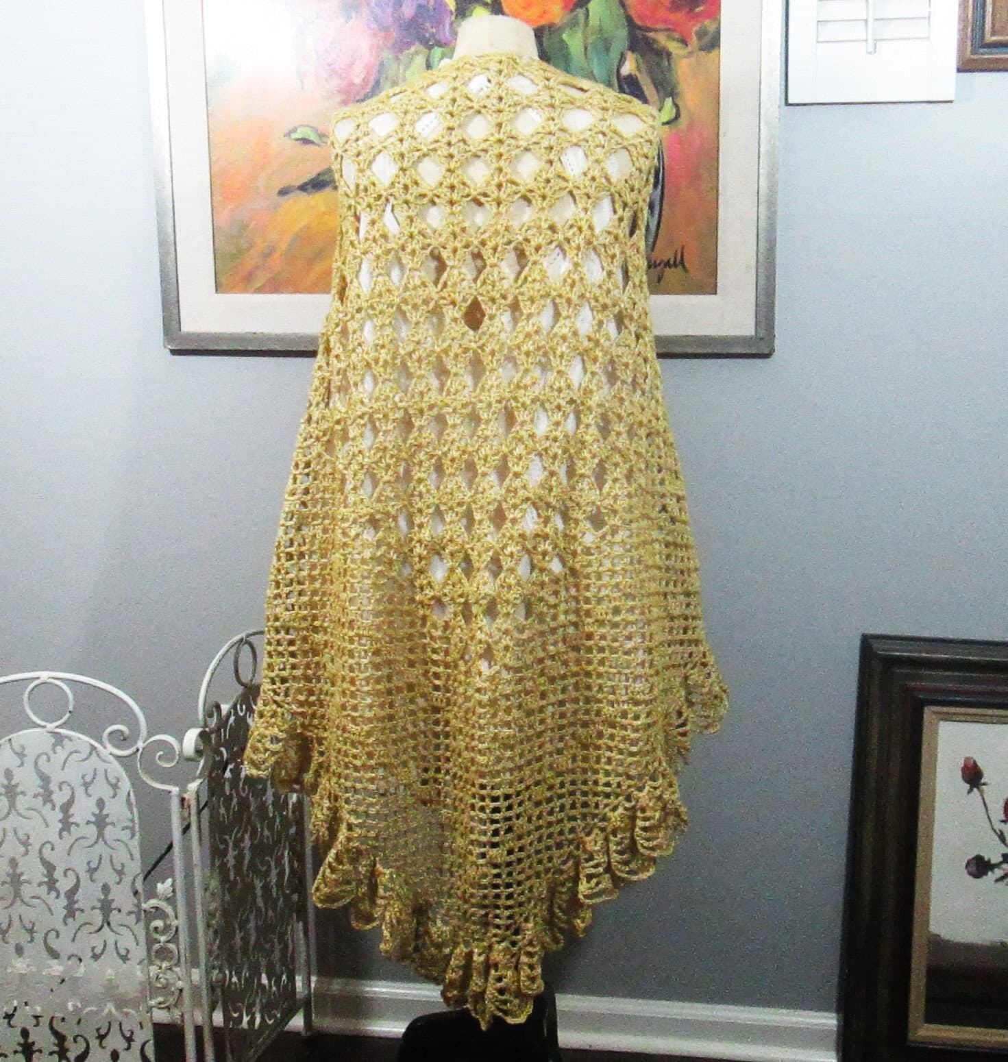 Handmade Crocheted Yellow Wool & Nylon Triangle Shawl