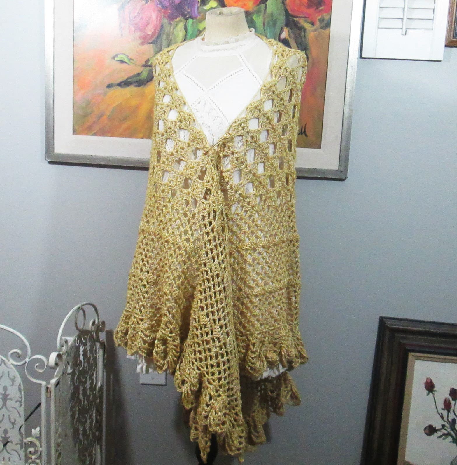 Handmade Crocheted Yellow Wool & Nylon Triangle Shawl - Thumbnail 3