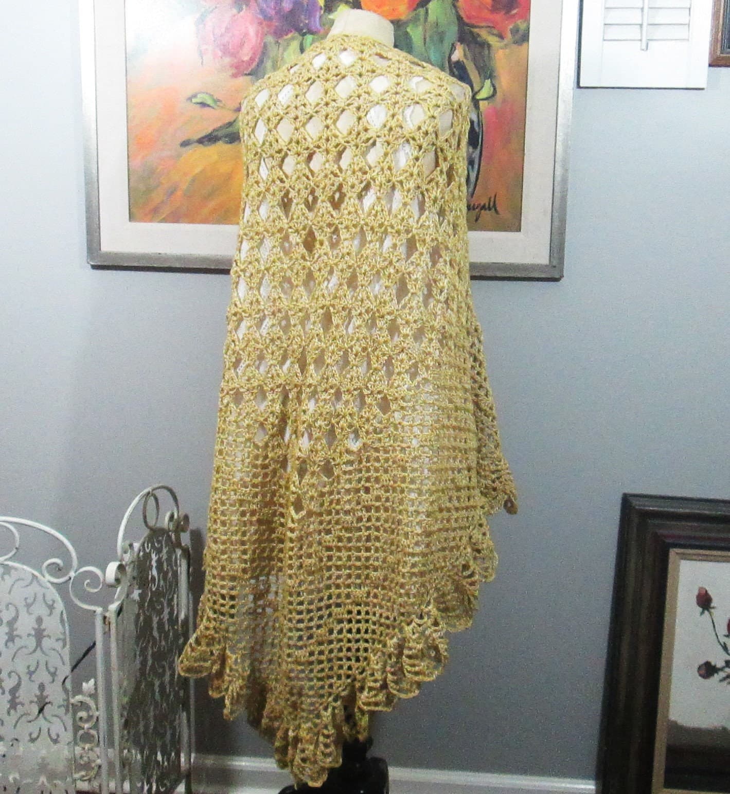 Handmade Crocheted Yellow Wool & Nylon Triangle Shawl - Thumbnail 2