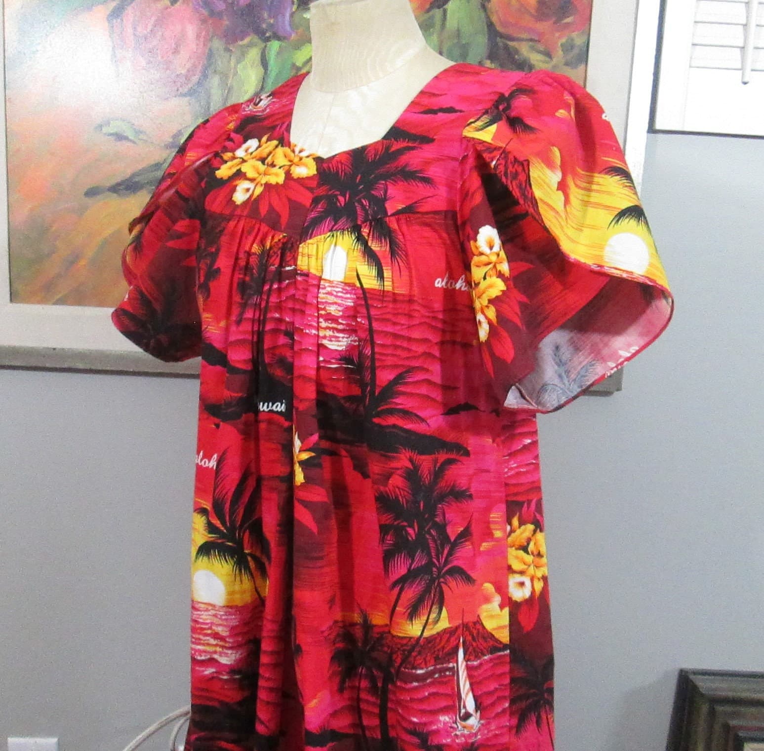 Vintage Red Floral Hawaiian Dress - Thumbnail 3