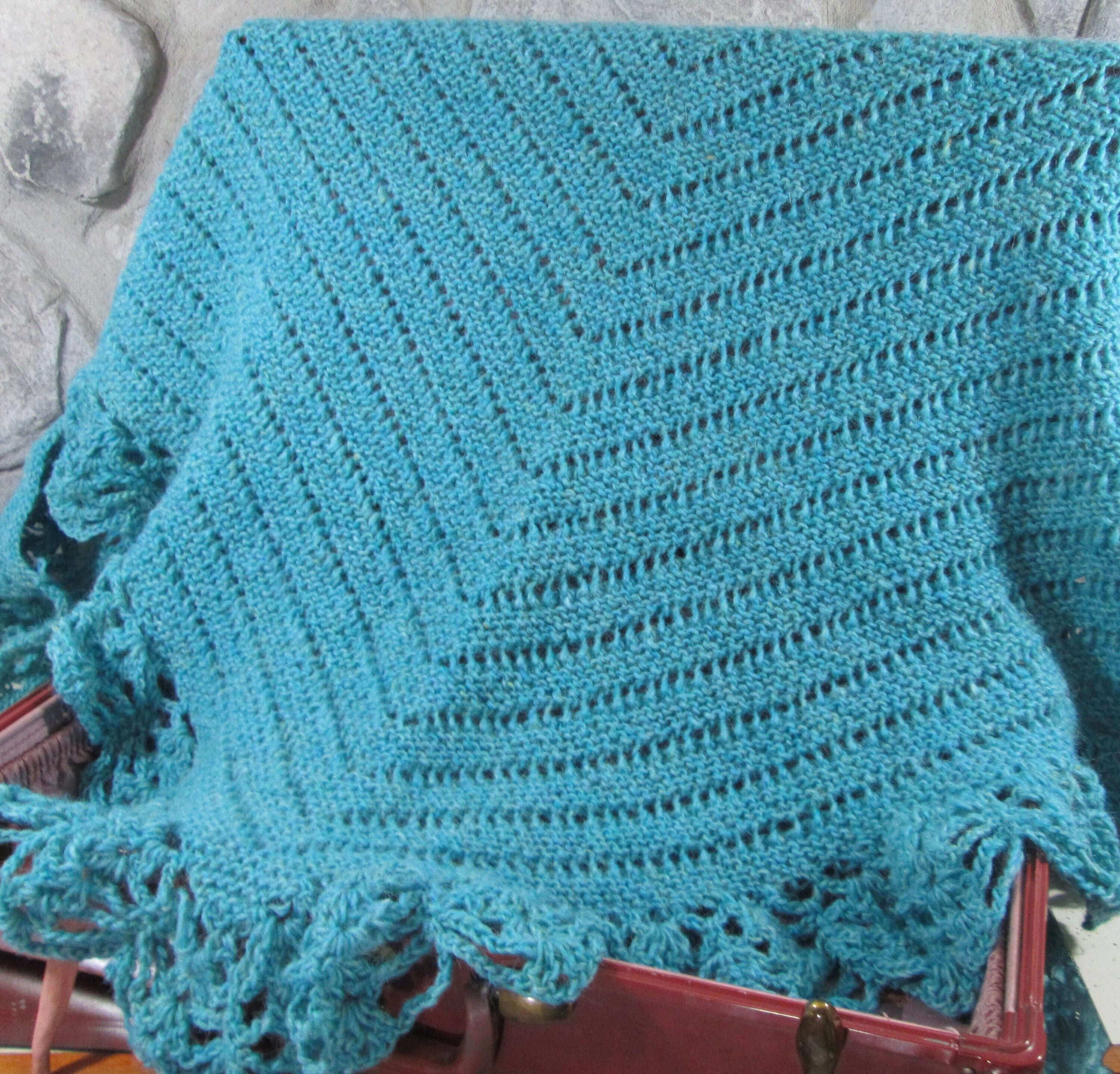 Handmade Knit Blue Wool Triangle Shawl