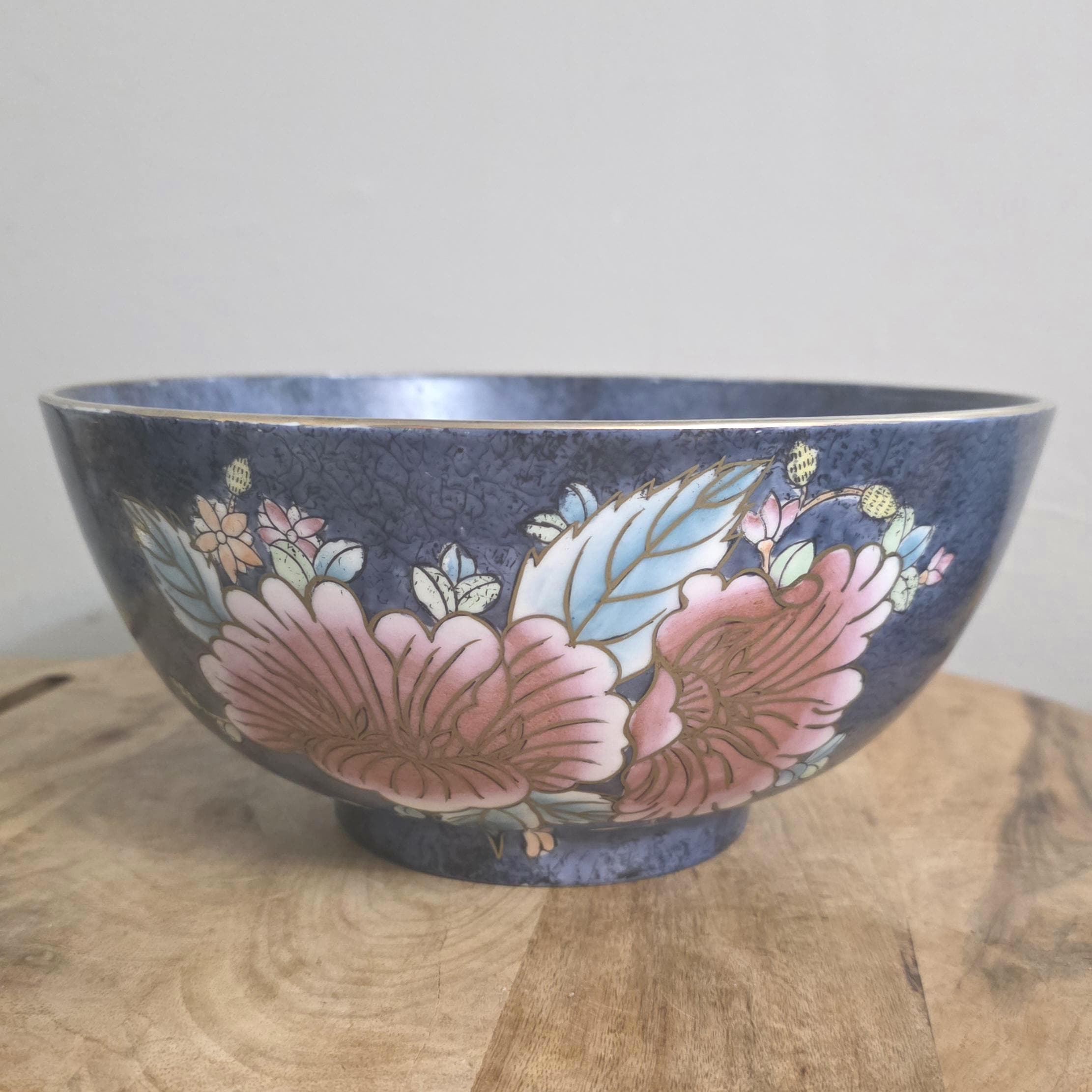 Vintage Chinese Blue & Rose Floral Punch Bowl