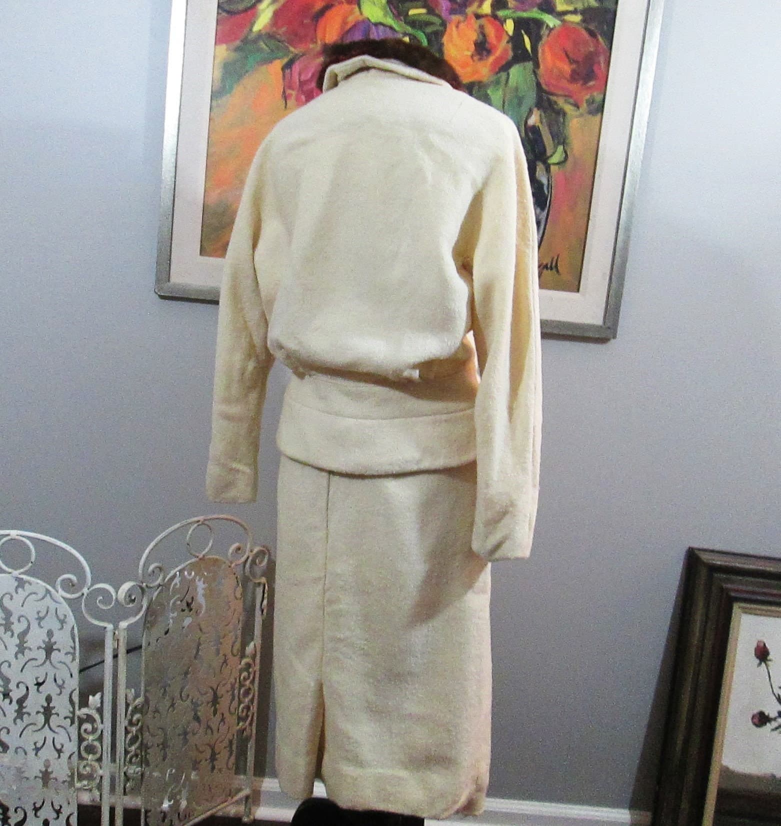 Vintage Cream Wool Fur Trim Suit - Thumbnail 4