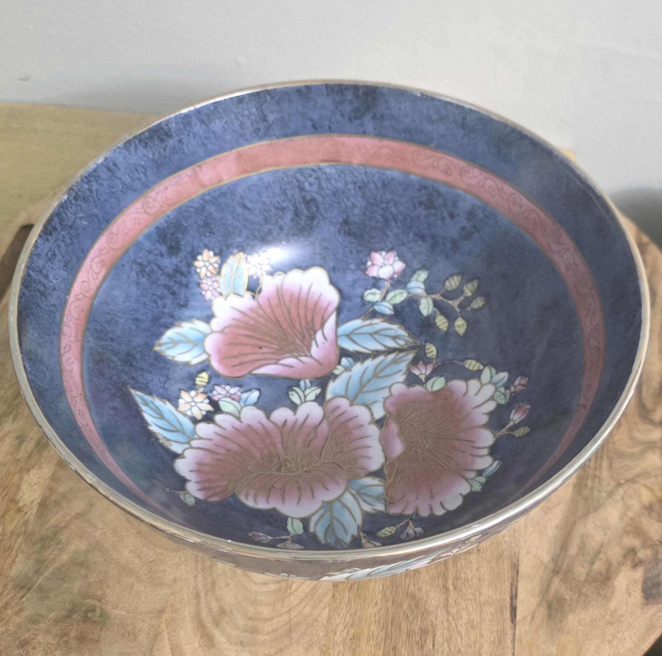 Vintage Chinese Blue & Rose Floral Punch Bowl - Thumbnail 2
