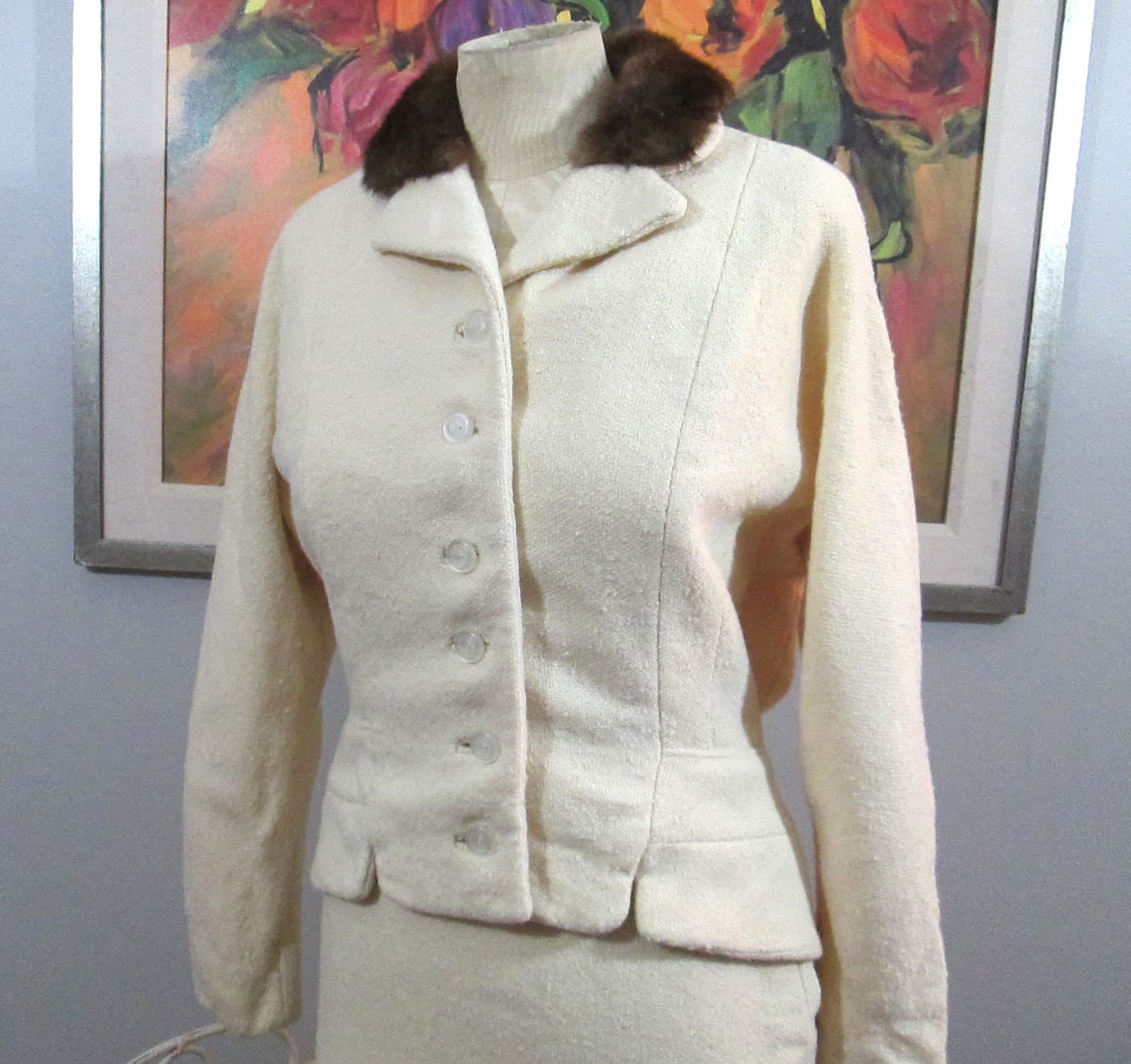 Vintage Cream Wool Fur Trim Suit - Thumbnail 2
